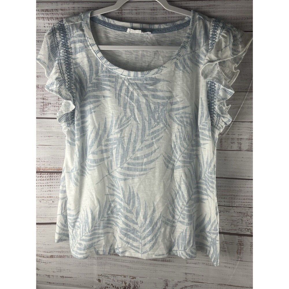 Jane & Delancey Blouse Women's Large Blue Palm Short Flutter Sleeve Round Neck